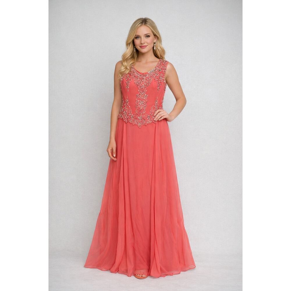 NEW J. Kara Women's 8 Petite Cap Sleeve Beaded Top Long Dress Coral 2737